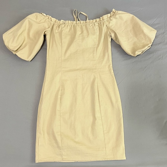 Better Be beige cream Puff Sleeve lace up mini Dress size S - Picture 3 of 15
